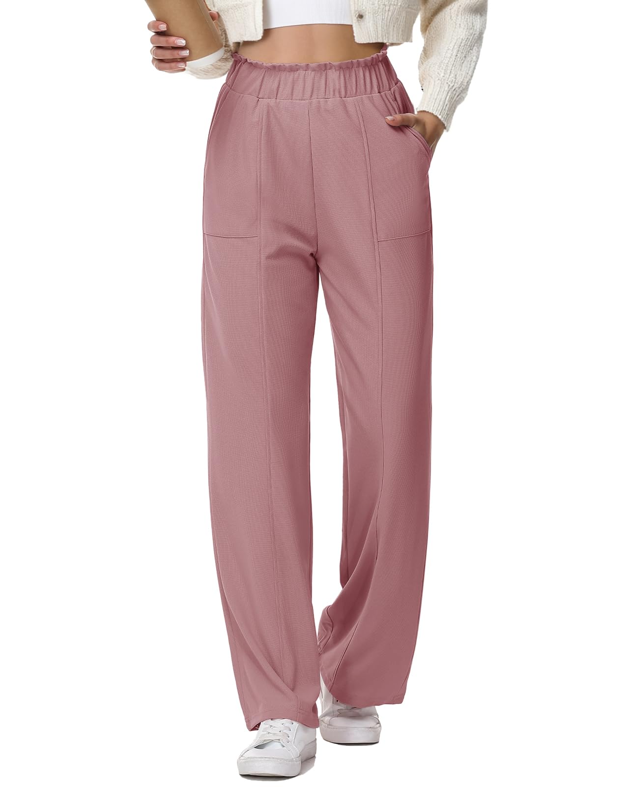 HMIYA Weite Hosen Damen-Waffel 2026 Neu Lässig Stoffhose Hohe Taille Leichte Palazzohose mit Tasche