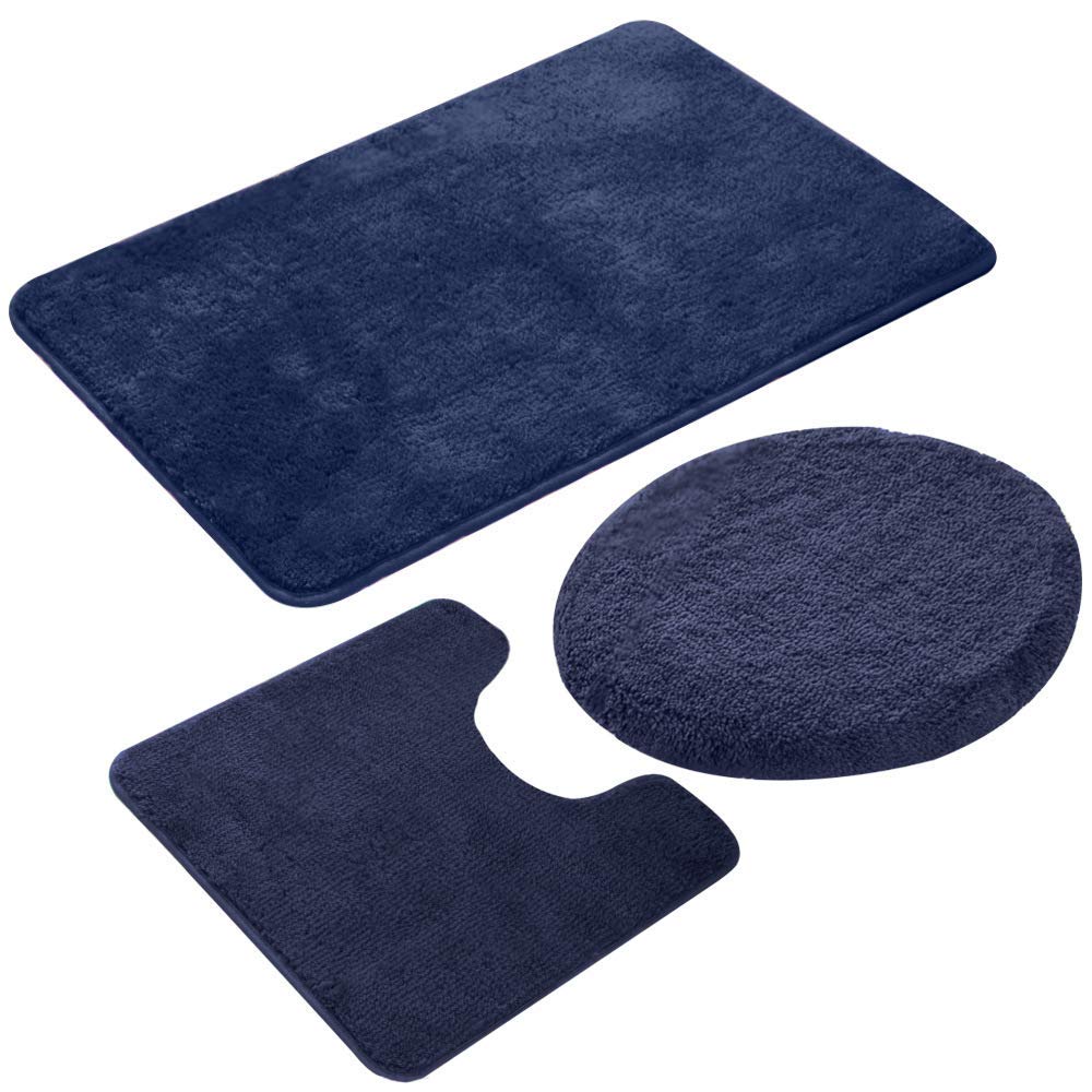 Lot de 3 tapis de bain antidérapants en microfibre douce à haute densité absorbant l'eau et lavable en machine (bleu marine)