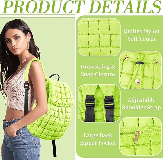 Image of MOCA Quilted Puffer Backpack for Women, Nylon Puffy Casual Girls Womens Backpack, Lightweight Hiking Gym Daypack Preppy Travel Bag with Adjustable Top Flap Drawstring