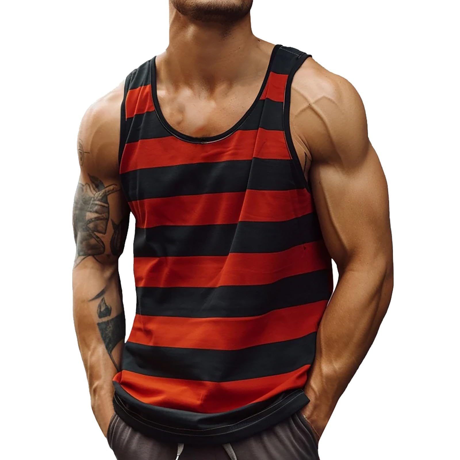 Retro Style Striped Vest for Men Holiday Beach Vest Summer Sleeveless T Shirt Loose Casual Gym Tank Tops British Style Striped Sleeveless Undershirt Summer Beach Tops Red