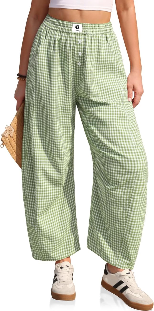 TARSE Gingham Pants Women Barrel Loose Wide Leg Checkered Casual Linen Plaid Trousers with Pockets