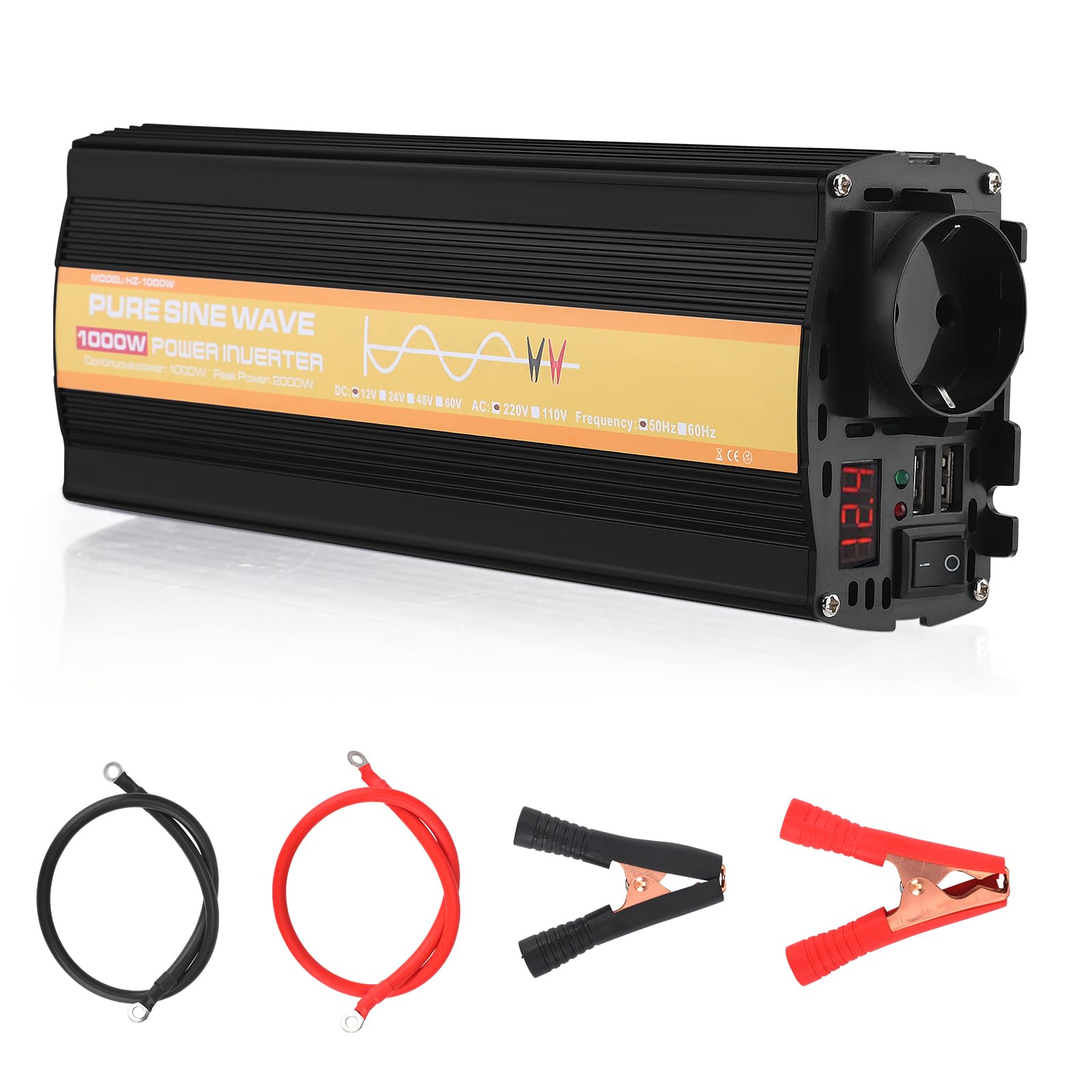 Wechselrichter, 12V auf 230V Spannungswandler mit Reiner Sinuswelle, Umwandler 1000W Dauerleistung / 2000W Spitzenleistung, für Wohnmobile, Caravan Boote und Camping mit 1 AC-Steckdose und 2 USB-Ports