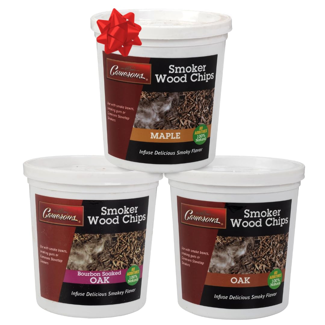 Camerons All Natural Extra Fine BBQ Wood Chips, 3 Pack- Bourbon Oak, Oak, Maple (3 Pints, 0.47L ea)- Kiln Dried Sawdust Shavings for Smoking Guns, Smokers, Smoke Boxes- Barbecue Grilling Xmas Gift Set