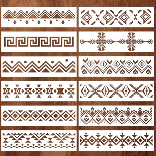 Lot de 12 pochoirs de peinture bohème, réutilisables, motifs aztèques, pochoirs muraux, carreaux pour bois, murs, toile et meubles