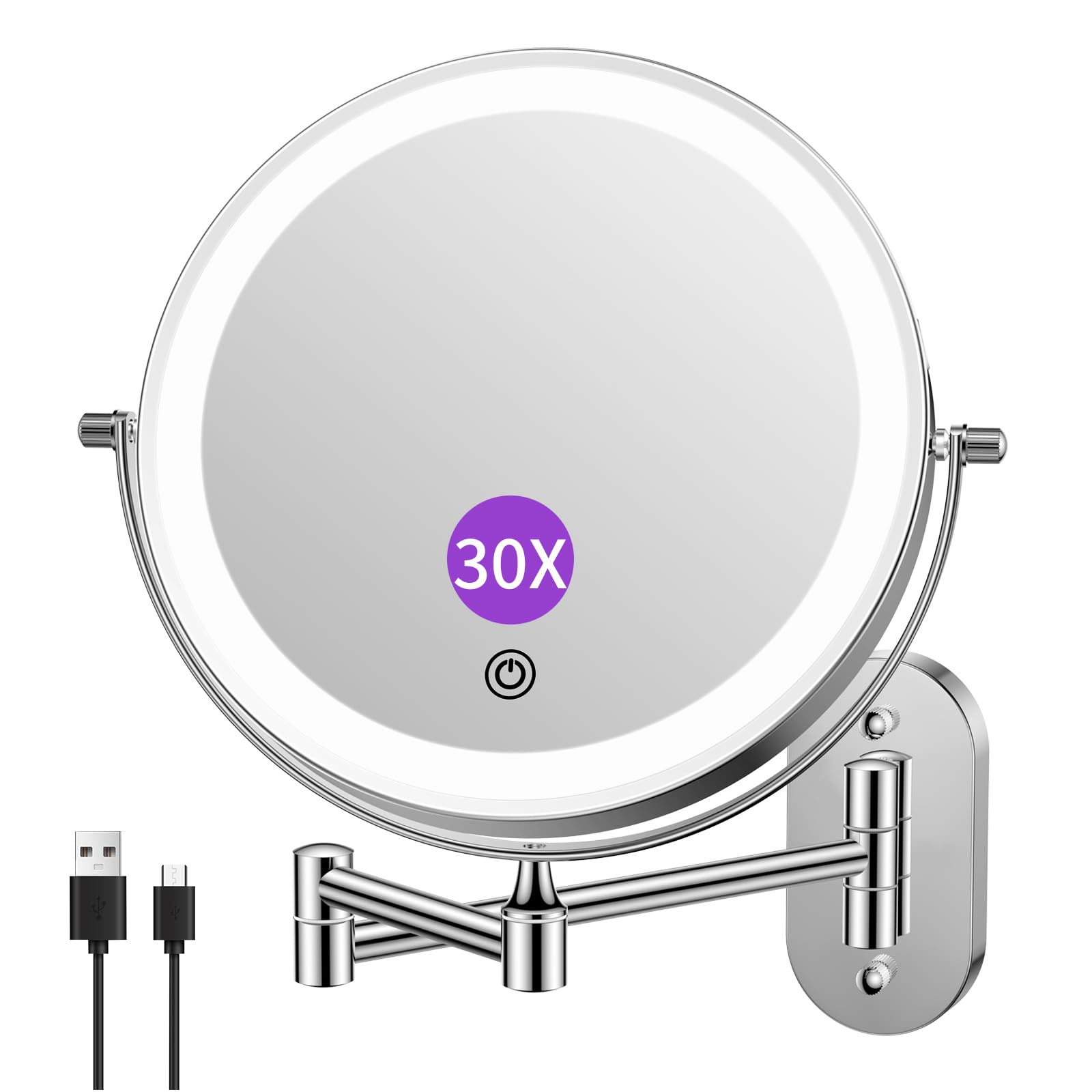 FUNTOUCH 5000mAh Rechargeable Wall Mounted Lighted Makeup Vanity Mirrors, Double Sided 1X 30X Magnifying, 3 Color Lighting, Touch Screen Dimming, Extended Arm 360 Rotation Shaving Bathroom Mirror