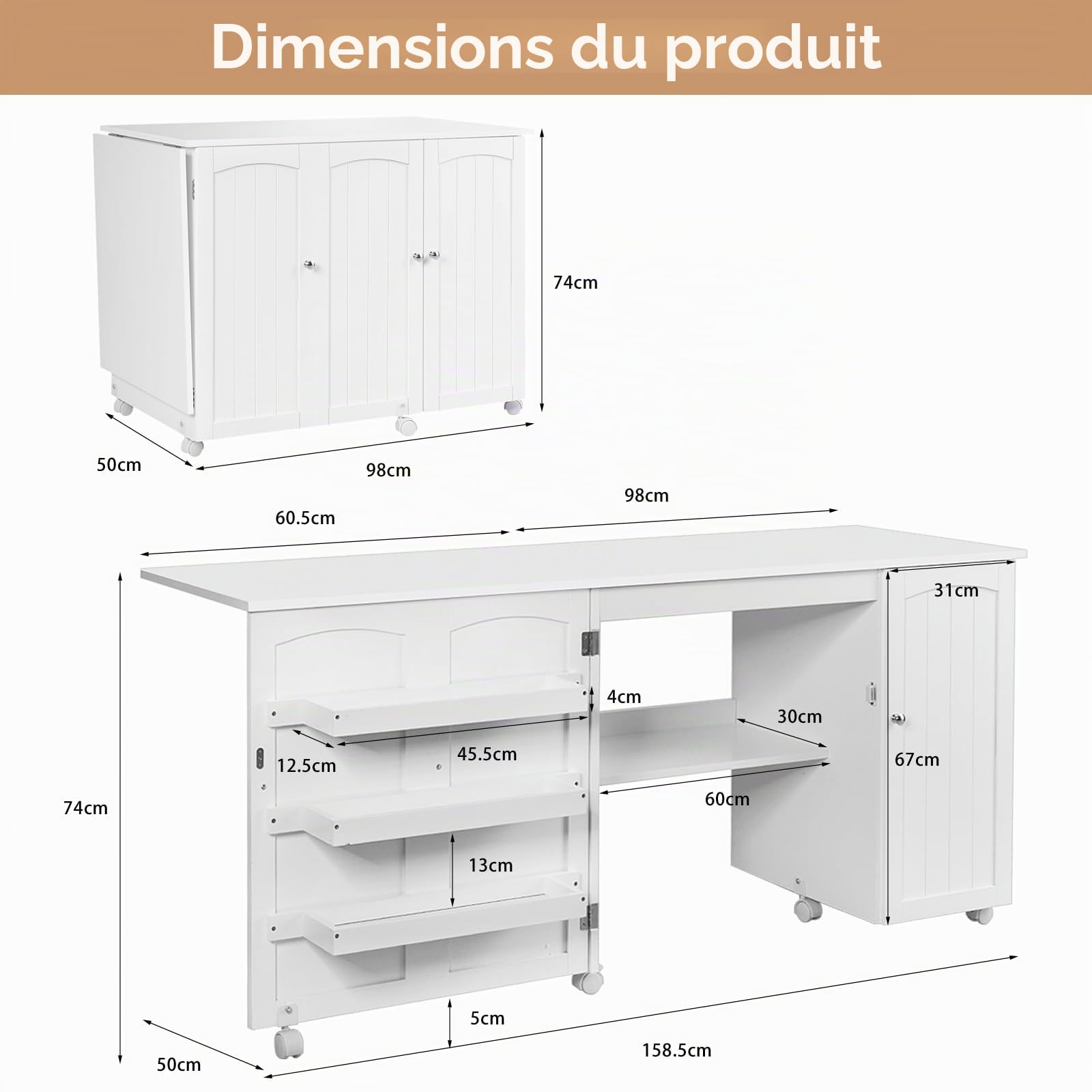 LIFEZEAL Armoire de Couture Pliable 3 en 1, Table pour Machine à Coudre Peu Encombrante, Bureau de Repassage 6 Roues, 3 Étagères, Large Étage, 158,5 x 50 x 74 cm (Blanc, L)