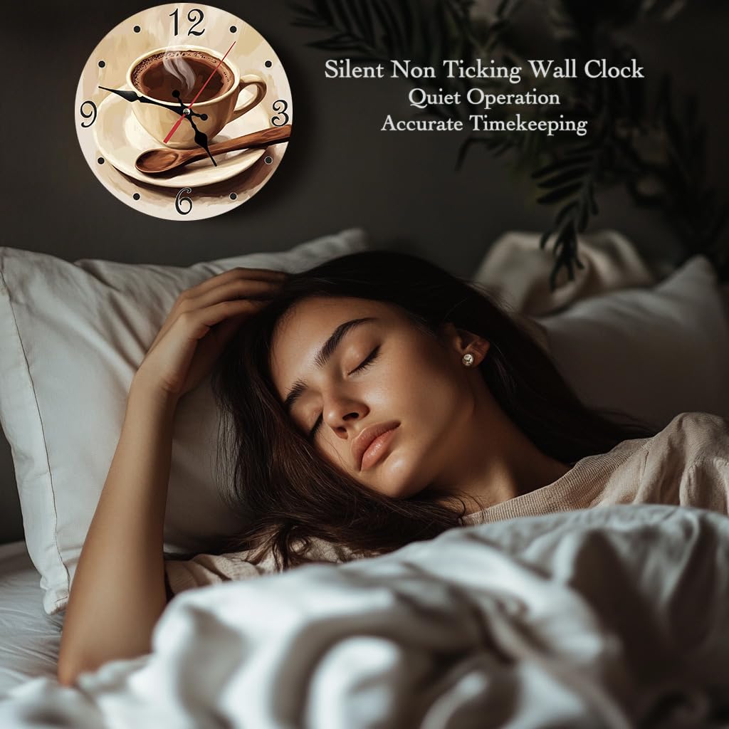 Reloj de pared redondo silencioso de 10 pulgadas, funciona con pilas, decorativo para sala de estar, dormitorio, cocina, baño, comedor, oficina o escuela (taza de café marrón)