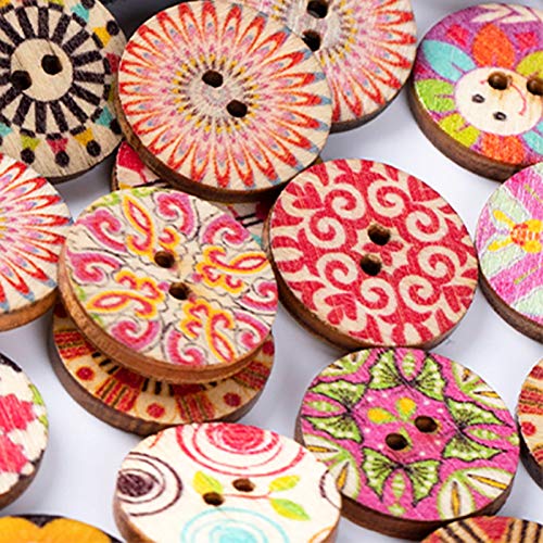 YMWALK Houten knopen, 300 stuks bedrukte ronde vorm, 2 gaten, houten knopen, gemengde kleur en grootte voor naaien, knutselen, decoratie, doe-het-zelf, jurk (15 mm, 20 mm en 25 mm, elk 100 stuks