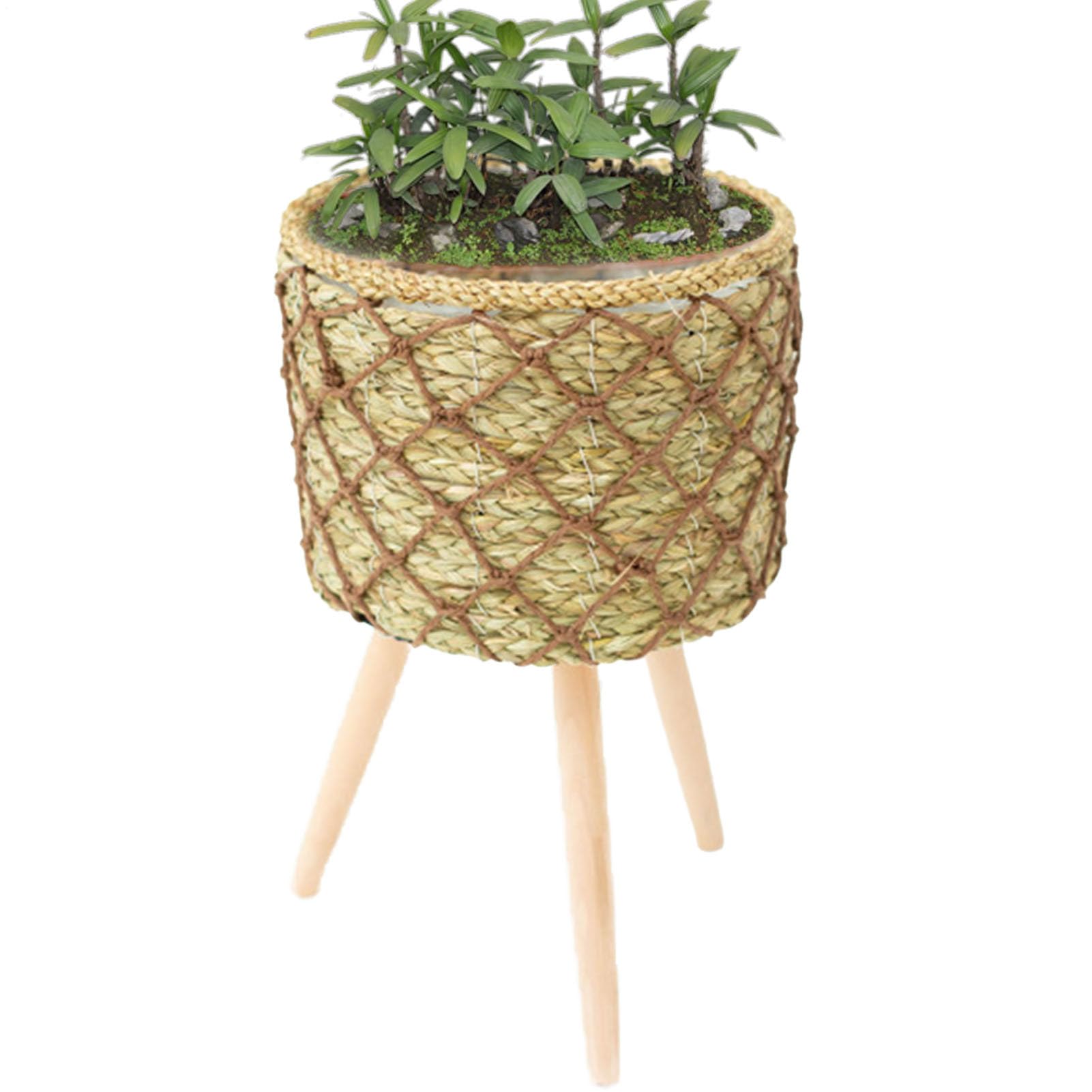 Fioriera intrecciata – Vaso per fiori da interno, cesto con 3 gambe in | legno, supporto decorativo per piante, elegante supporto per vasi di fiori rialzato, design artigianale in rattan resistente,