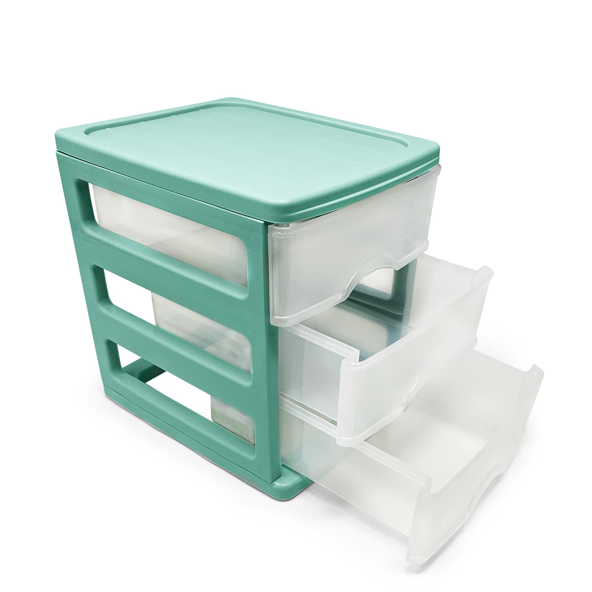 Plastic Desktop Storage Unit with Drawers, Stationary Arts Drawer Desktop Tabletop Organiser Storage Tower Unit for Office Bedroom Garage ((17 x 13.5 x 17cm, Mint Green with 3 Clear Drawers)) — view 3