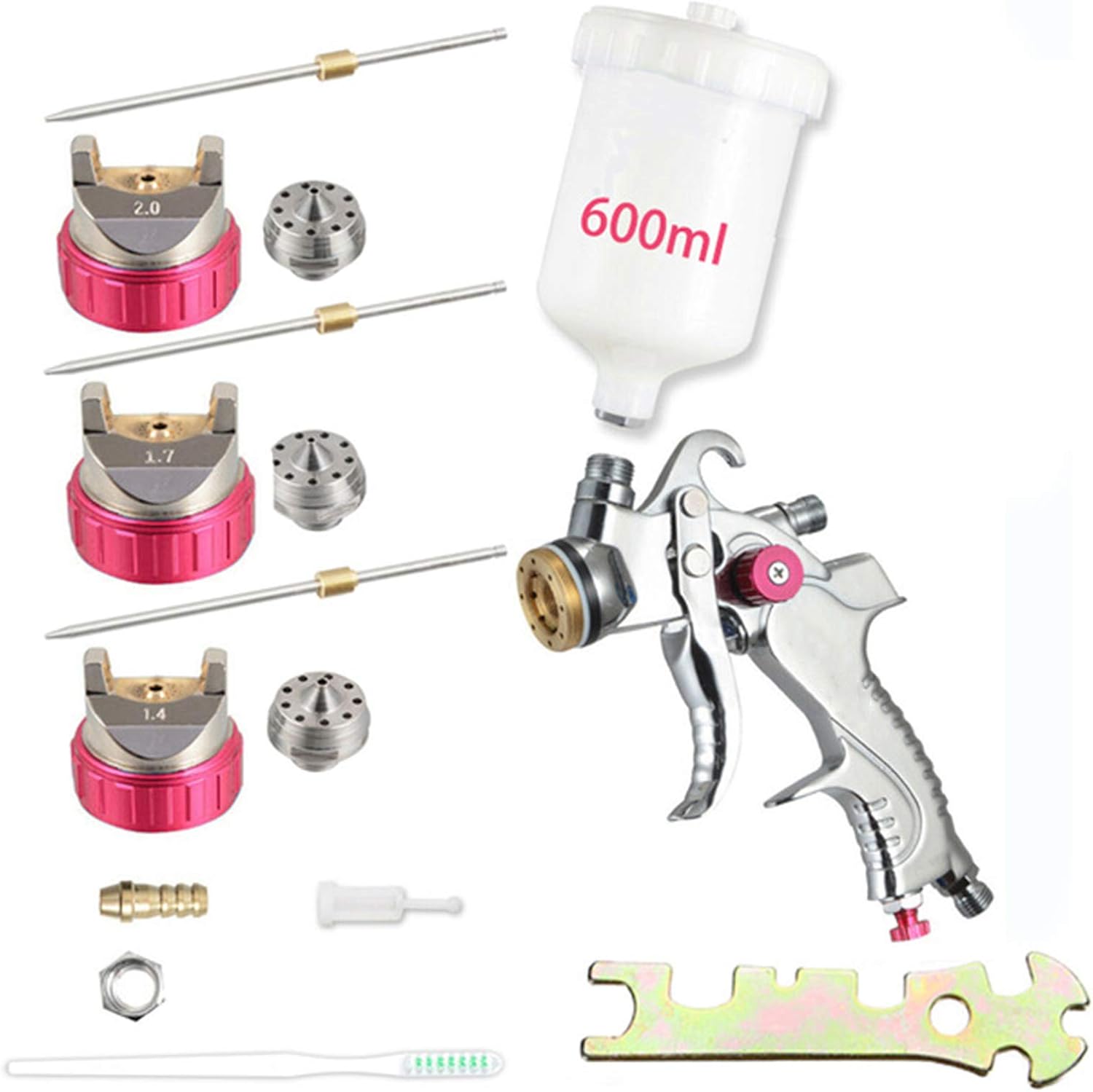 600ML HVLP Juego De Herramientas De Pistola De Pulverización De Alimentación Por Gravedad Con 3 Boquillas 1.4/1.7/2.0 Mm, Adecuadas Para Pintar Automóviles, Muebles Y Otros Equipos,Rojo