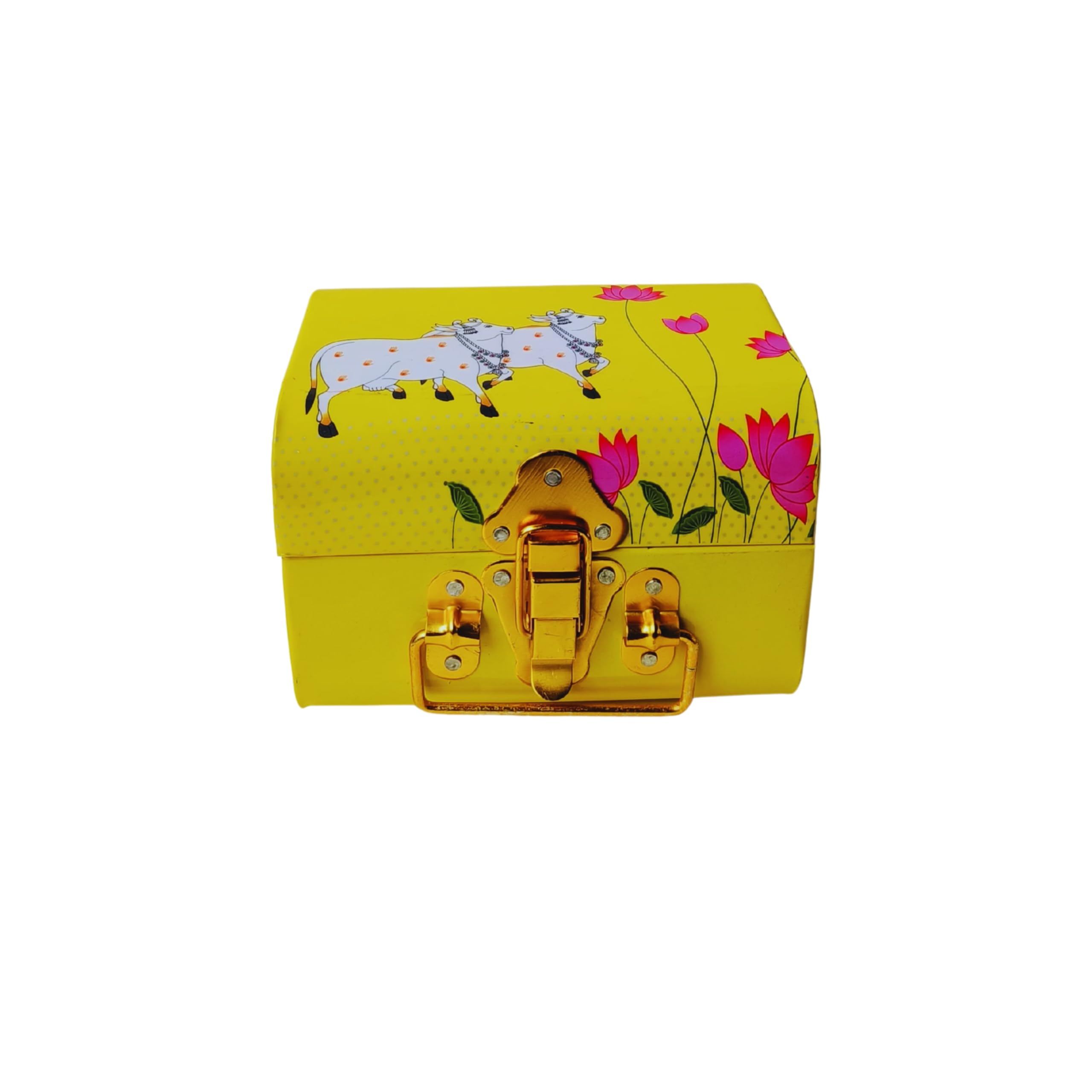 Kavyatva Decorative Metal Trunk Box, 7x5 inch, Yellow with Pichwai Cow and Lotus Print-image-34