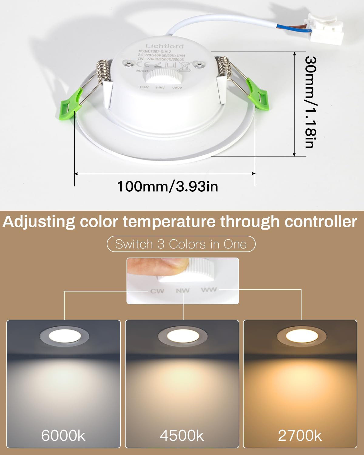 Lichtlord Led-inbouwspot, extra plat, 7 W, 700 lm, plafondspots, 2700 K, 4500 K, 6000 K, verstelbaar, badkamerspot, IP44, 10 stuks, rond, ultradun, van metaal (wit