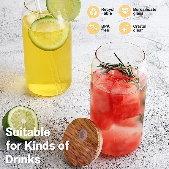 Image of VILON Drinking Glass Can Wooden Lid Sipper Mason Jar for Mojito Ice Tea Juice Travel Mug with Straw | 540ml | Set of 6 (Round Bamboo Sipper 540 ML)
