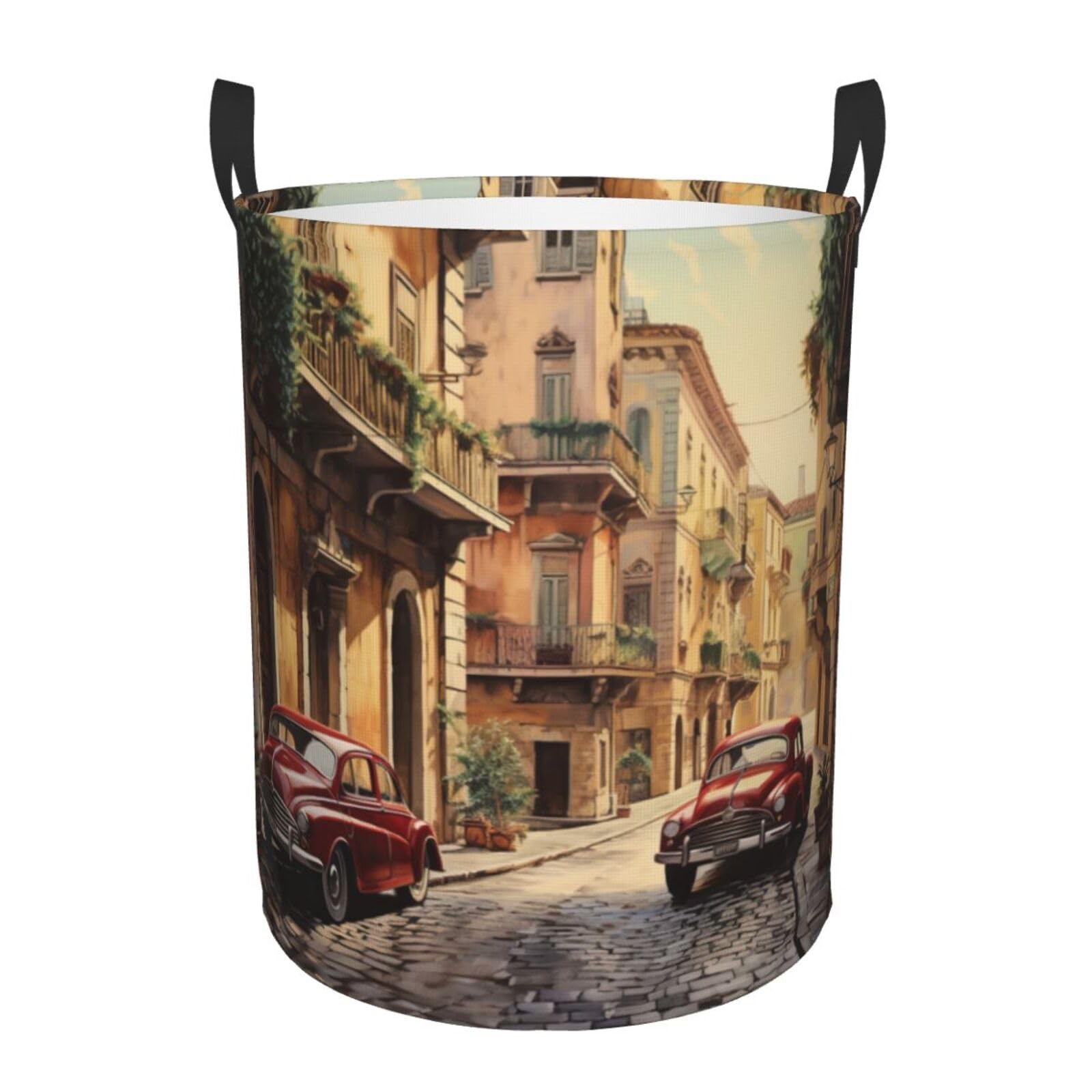 M Collapsible Laundry Hamper Round Italian Street Print Storage