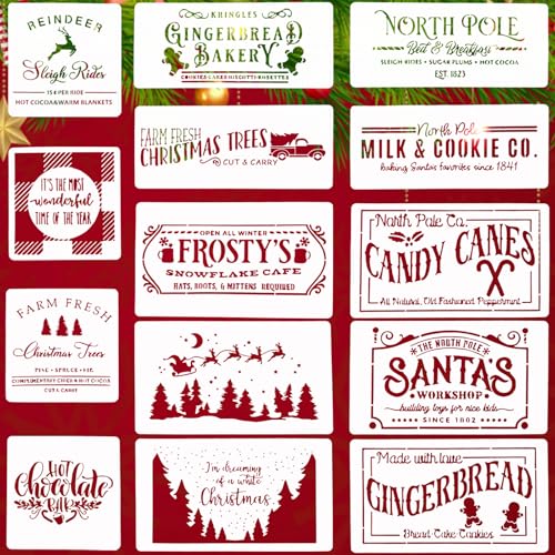 14PCS Christmas Stencils for Wood Painting - DIY Farmhouse Signs North Pole Fresh Christmas Tree Santa Winter Holiday Reusable Templates for Home Decor & Crafts