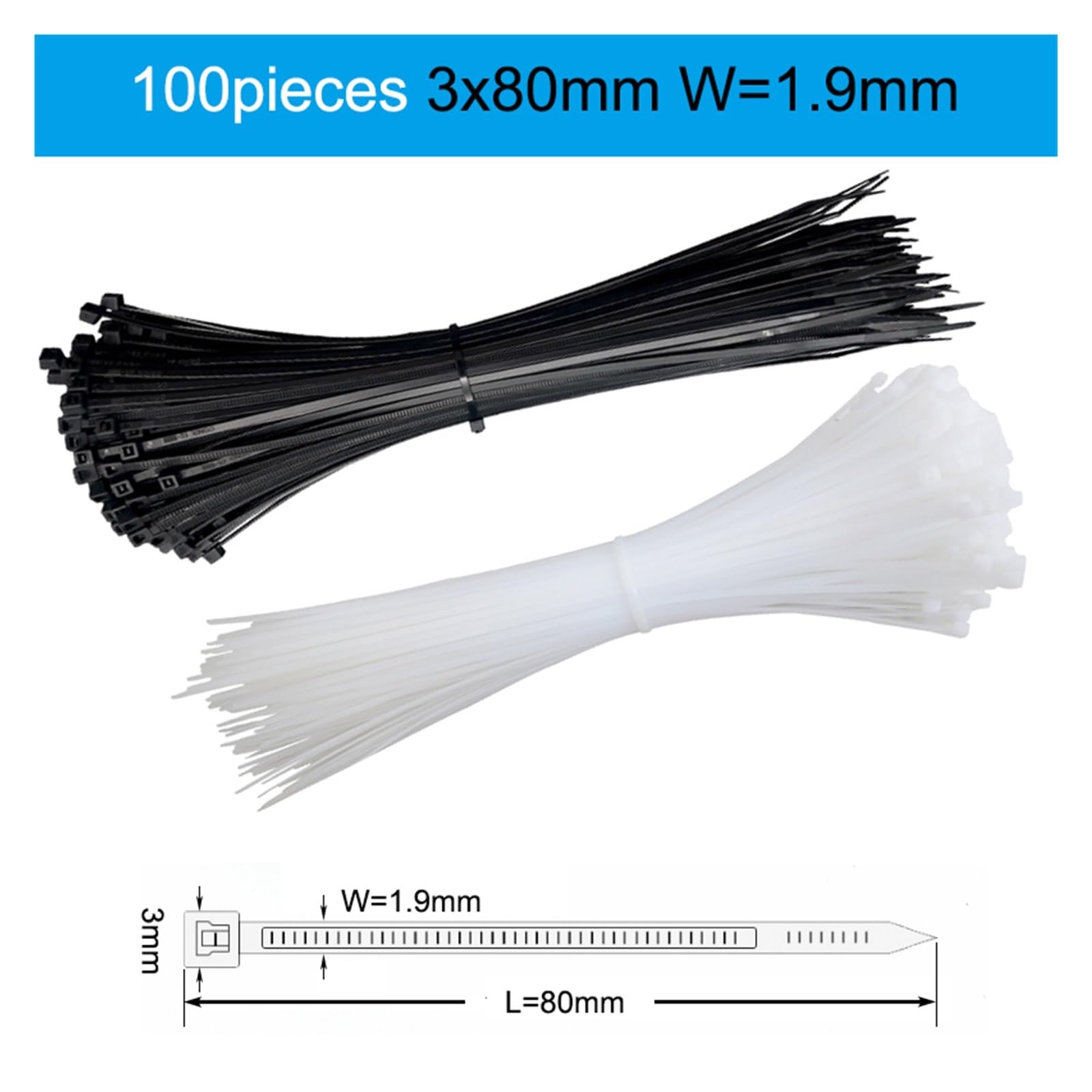 Bridas de plástico para Cables Largos, 100 Uds Bridas for Cables autoblocantes 3x8 0mm/4x200mm/5x300mm SOWQWE(3x80mm W 1.9mm)