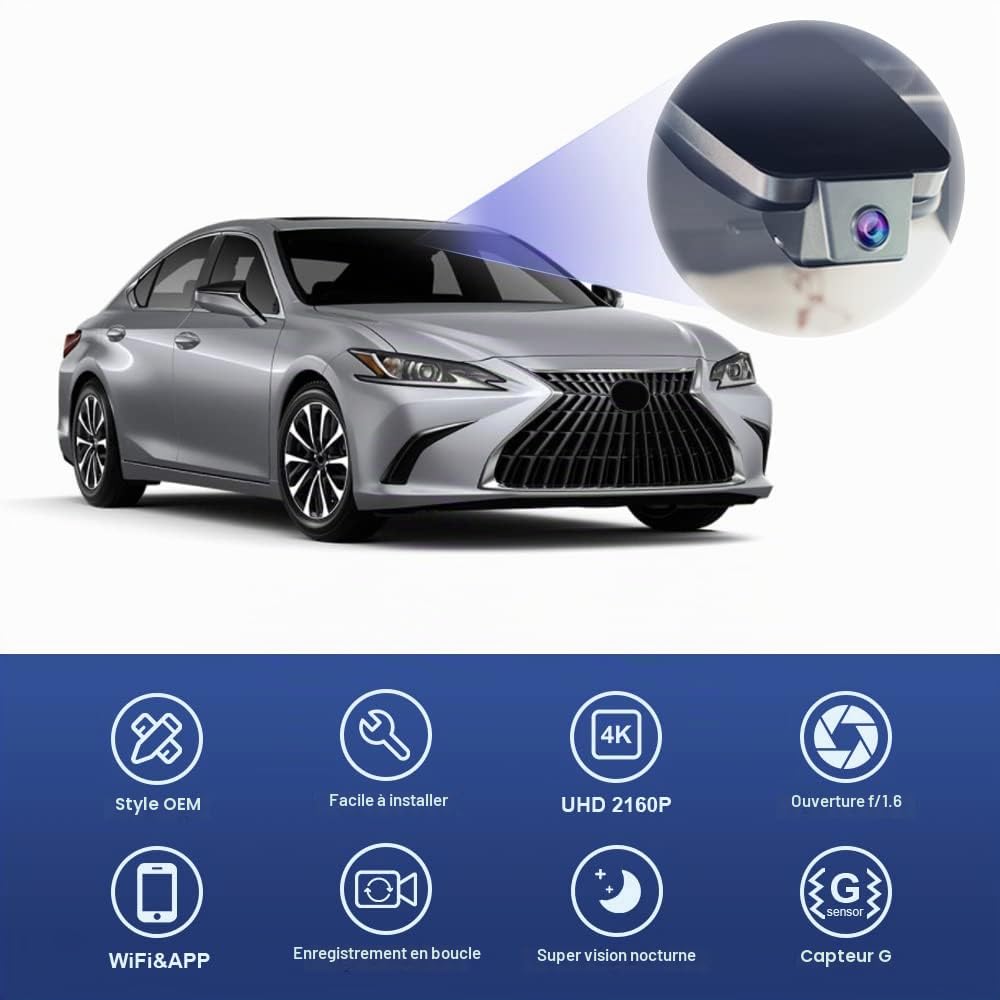 Fitcamx Dash Cam Convient pour Lexus ES 350 250 300h F Sport 2019-2025 F Sport Luxury Sedan 4D, 4K Caméra de Voiture WiFi, UHD 2160P Video OEM, G-Sensor, WDR, Plug & Play, Carte 64 Go