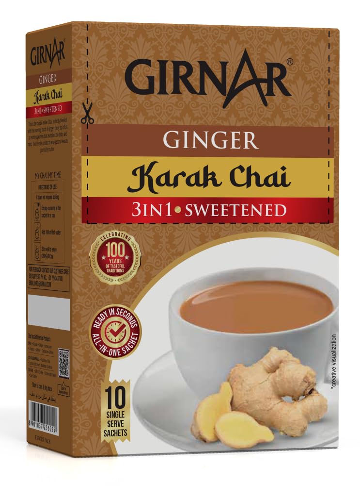 Karak Chai 3in1 Instant Tea Premix with Ginger | 10 Sachets (140g Box) | Authentic Indian Spiced Tea | Quick & Flavorful Chai