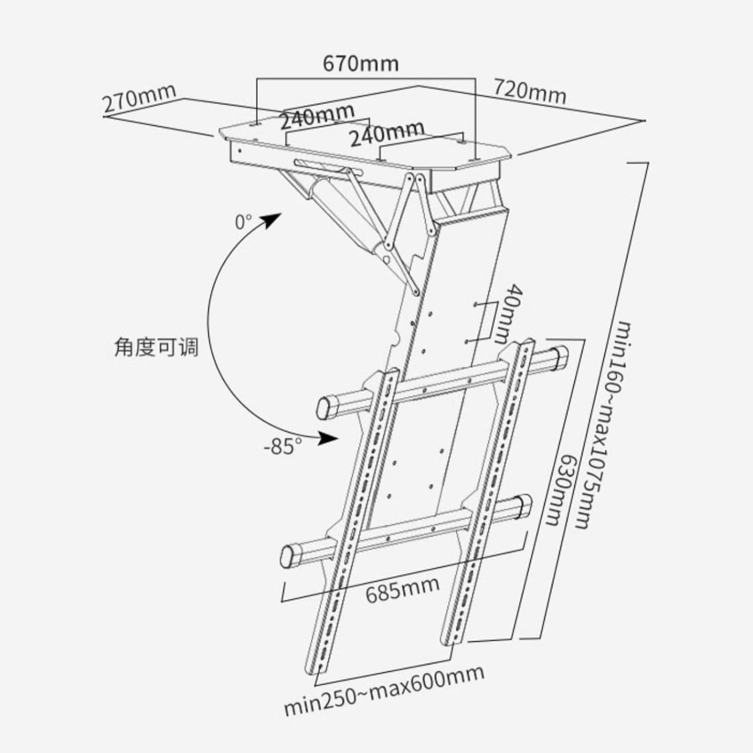 Supporto TV, supporto da parete for monitor, staffa elettrica regolabile a soffitto - for 50-90 pollici, sollevamento motorizzato con telecomando e impostazione di memoria