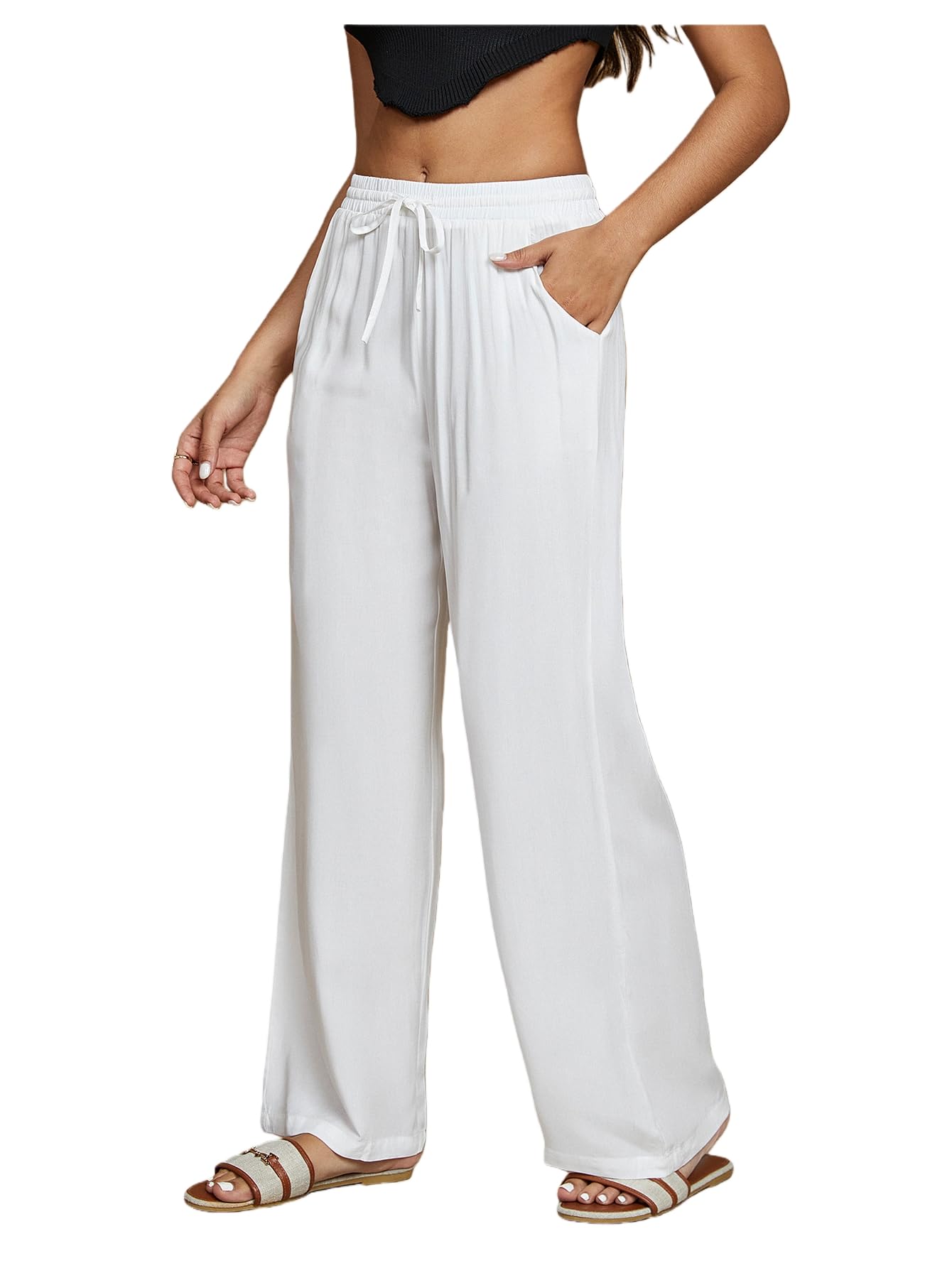 SHENHE Womens Wide Leg Palazzo Pants Drawstring Elastic Beach Vacation Travel Loose Trousers