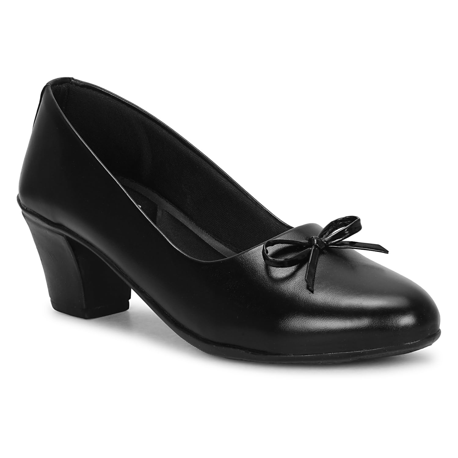 Women's Black Formal Block Heel Bellies with Bow – Comfortable Slip-On Pumps for Office, Work-picture-19