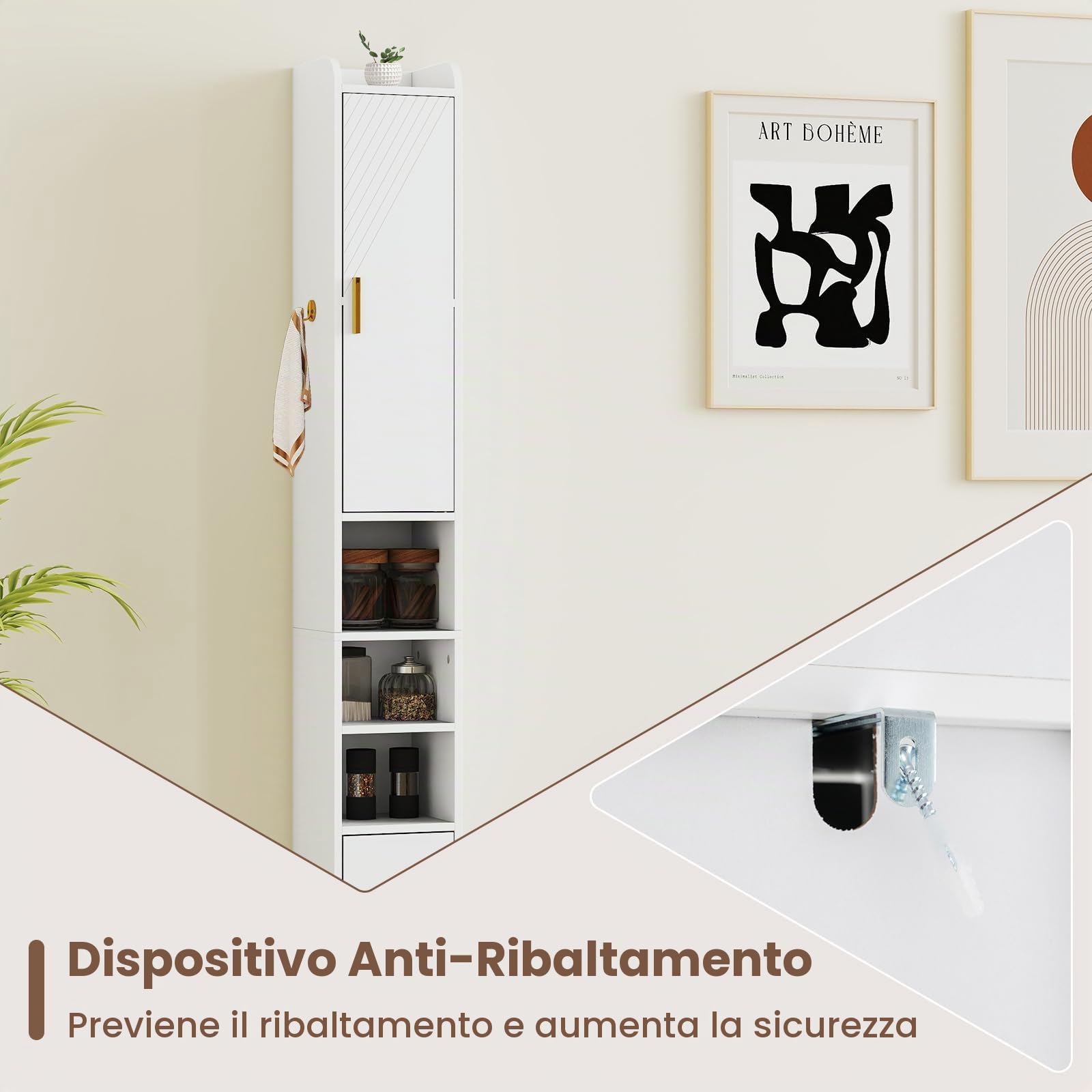 GIANTEX Armadietto da bagno da 179 cm, con 2 ante, 3 ripiani aperti, ganci e porta carta igienica, 20 x 20 cm, per ufficio, cucina e corridoio (3 ripiani, bianco)