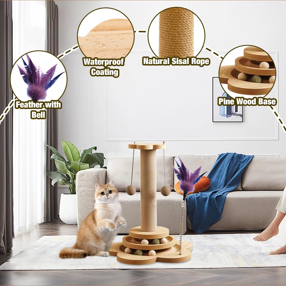 Jouet pour Chat Intérieur en Bois 4 en1,50CM Colonne De Griffe D'intérieur en Bois,Arbre à Chat avec Jouets,Arbre à Griffoir Corde en sisal avec Balle Tournante, Plumes, pour Chats