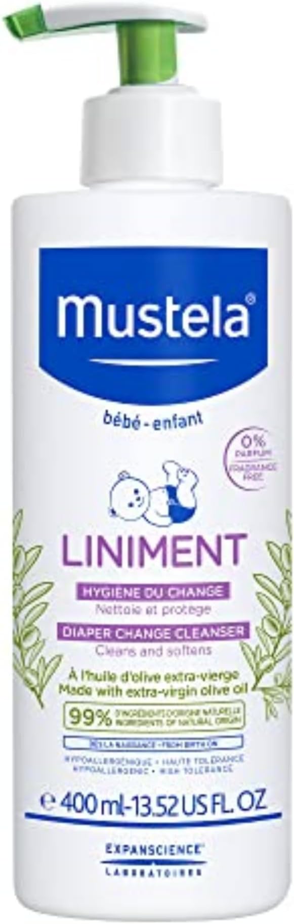 Liniment, Natural No-Rinse Baby Cleanser for Nappy Change, with Extra-Virgin Olive Oil, 400ml