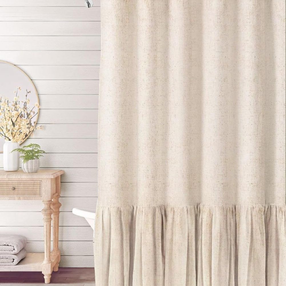 Neutral Shower Curtain Farmhouse Boho Ruffle Linen Bathroom Curtain with 12 hooks Vintage Rustic Decorative Fabric Curtains for Bathroom Bathtub
