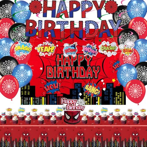 Spider Theme Birthday Party Supplies, Spider Theme Party Decorations Including Birthday Banner, Backdrop, Balloons, Hanging Swirls, Tablecloth, Cake Toppers for Kids Party
