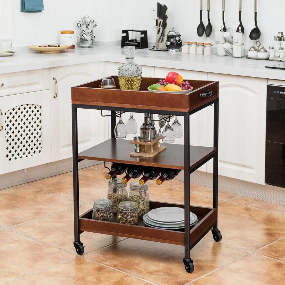 Magazzinaggio Carrello carrello a 3 livelli, bar cucina ad isola con portabicchieri e portabottiglie, mobili da