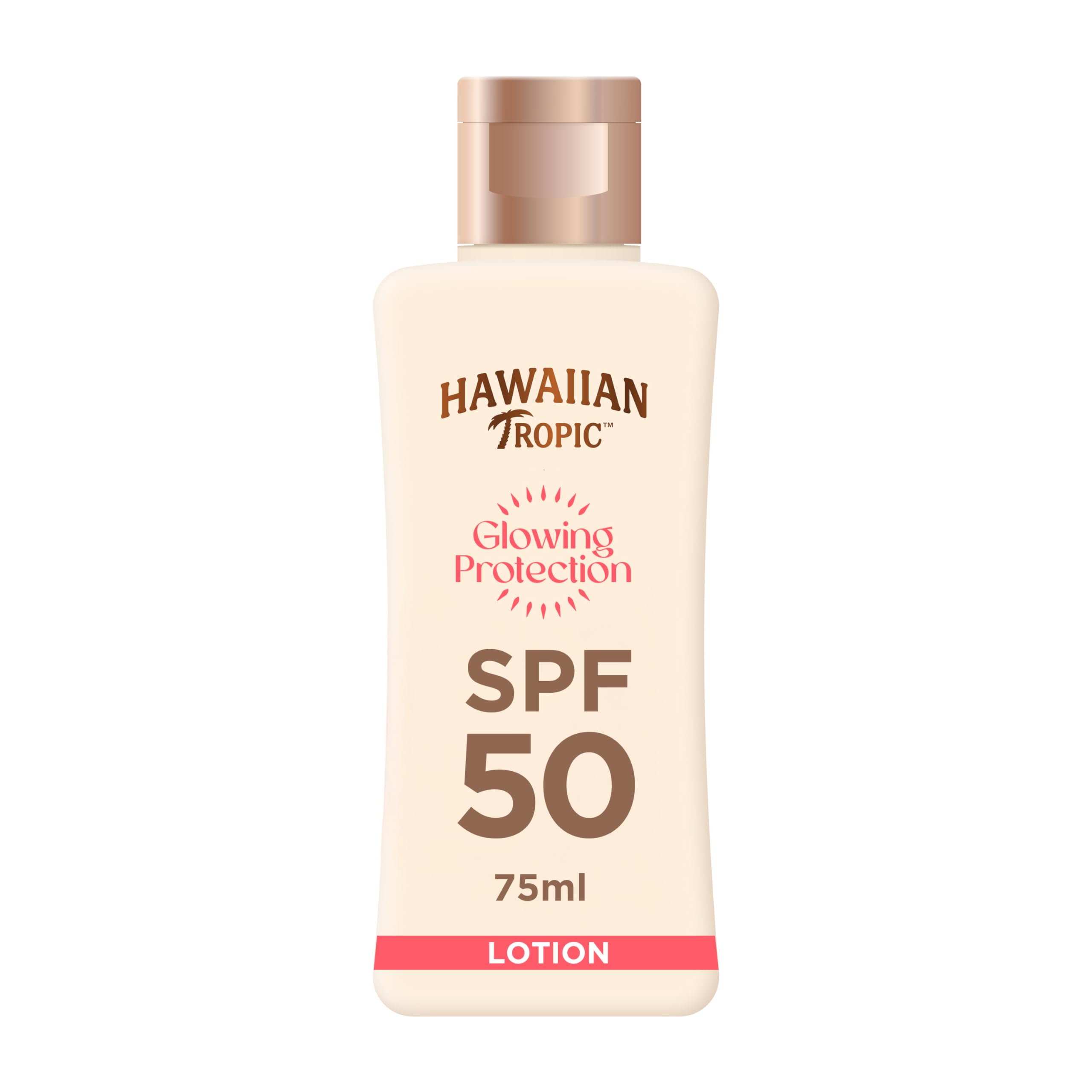 Hawaiian Tropic Glowing Protection Sunscreen Lotion, Water Resistant SPF 50 UVA + UVB Protection Suncream, Travel Size, Tropical Scent Sun Lotion with Shea Butter, 75 ml