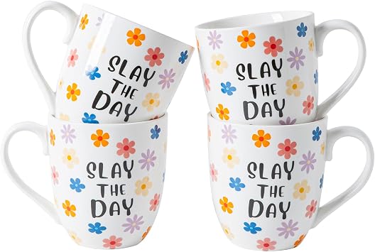 16OZ Ceramic Slay the Day Coffee Mugs Set, Large Colorful Coffee Cups with Handles for Milk, Tea, Latte, Mocha, Cocoa, Cappuccino, Porcelain Cups Gift for Holiday or Anniversary 4PCS
