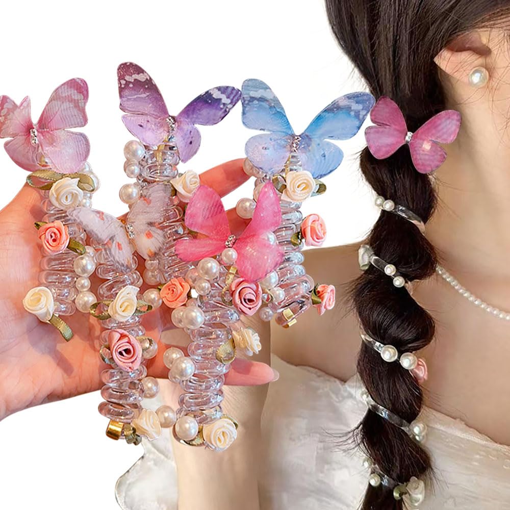 5pcs Telephone Wire Hair Bands Spiral Hair Ties,Pearl Telephone Cord Hair Ties Hair Scrunchies Decorative Hair Ties No Damage Ponytail Holders,Butterfly Flowers Beaded Hair Ties for Women Girl