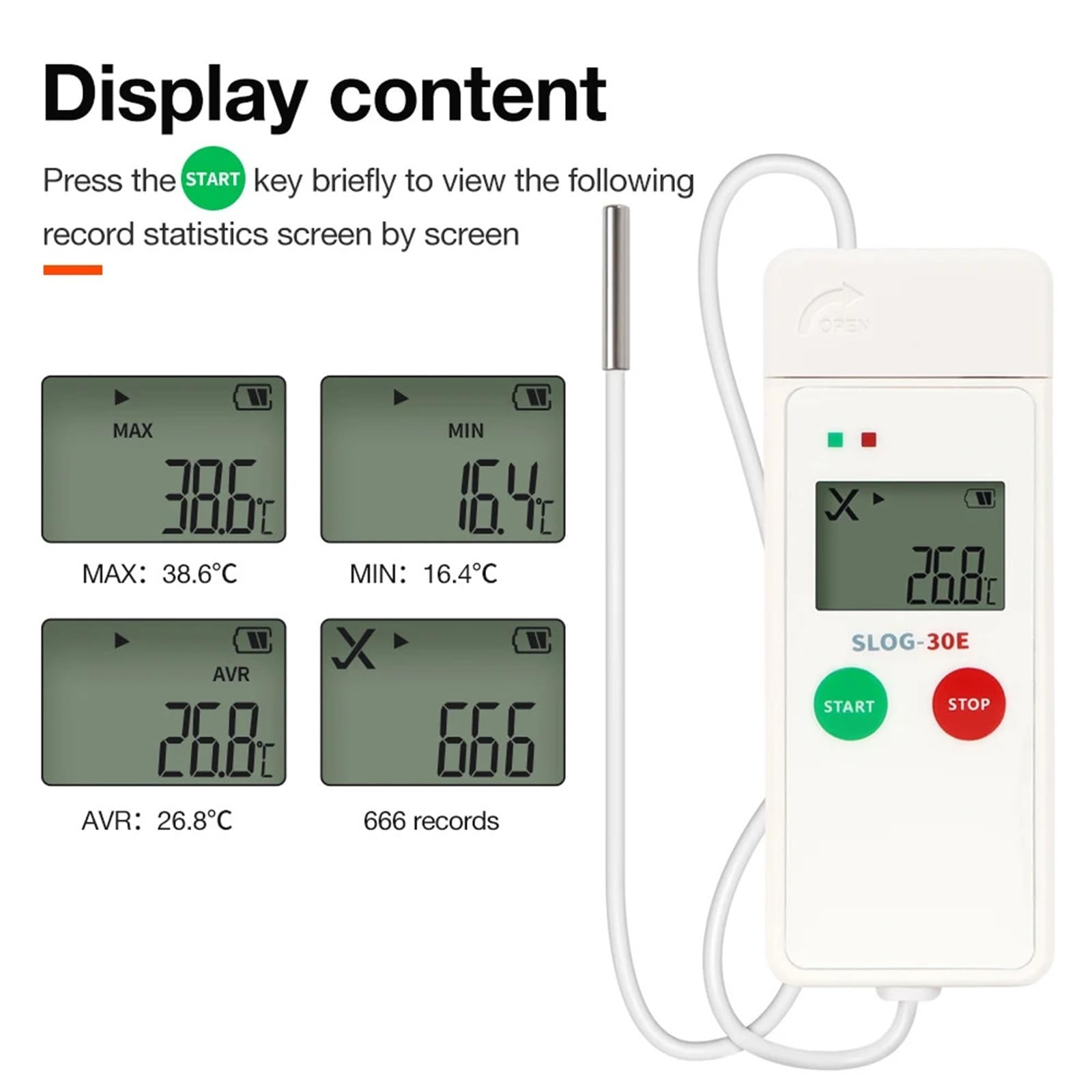 datenlogger Temperaturdatenlogger -30 °C bis 70 °C, 65.000 Messpunkte, mit NTC-Sensor for die Kühlkette(SLOG-30E)