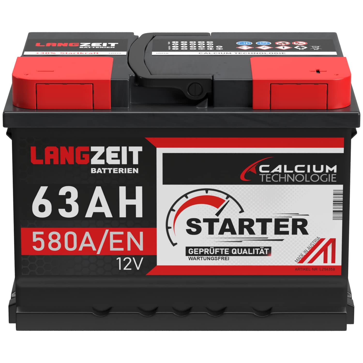 LANGZEIT Autobatterie 12V 63Ah 580A/EN Starterbatterie +30% mehr Leistung ersetzt Batterie 60Ah 55Ah 56Ah 62Ah 65Ah 64Ah
