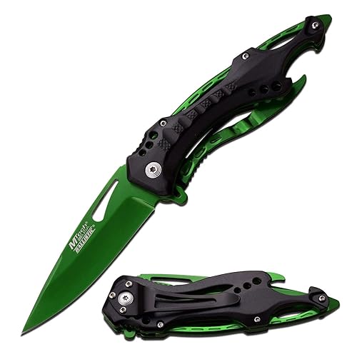 MTECH USA Folding Knife, 3.75-Inch Half-Serrated Blade, Titanium Coating, Glass Breaker, Pocket Clip - Green