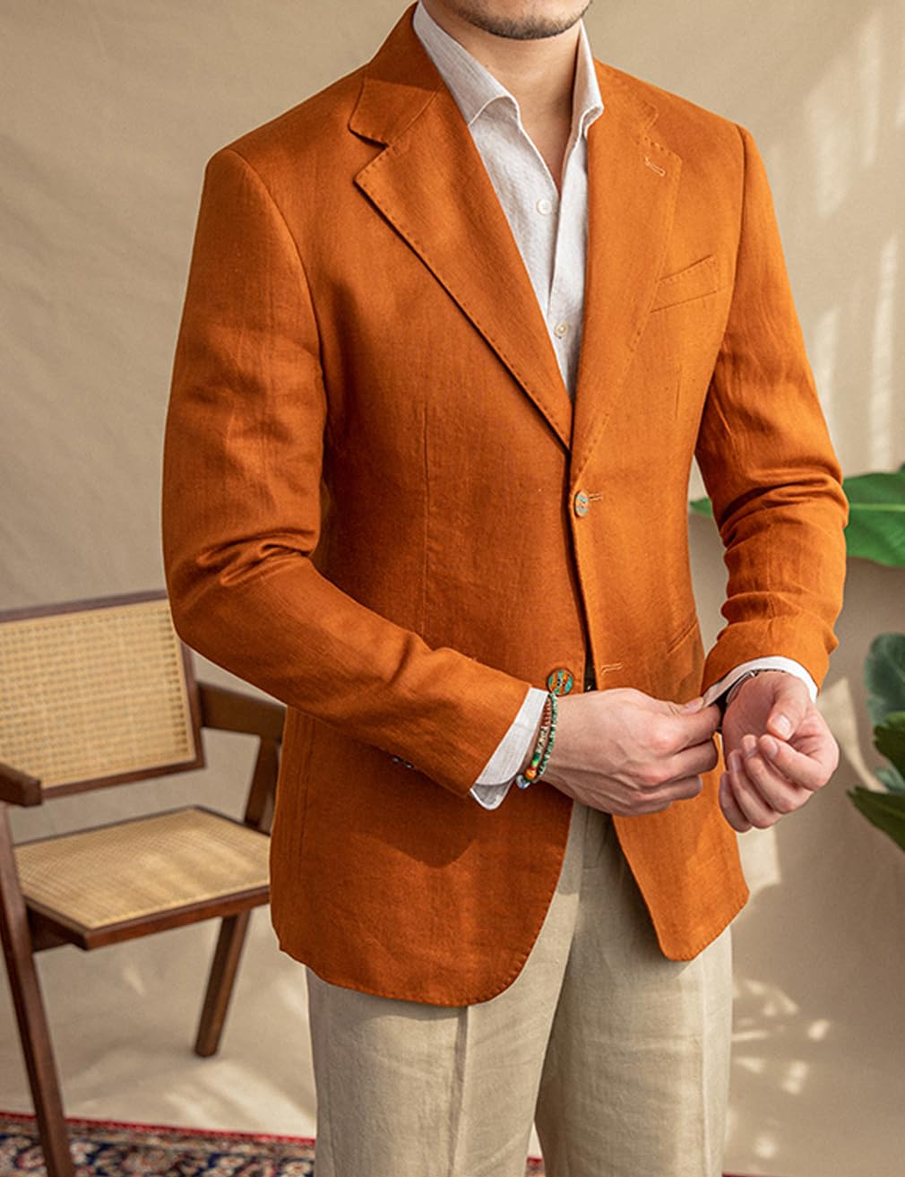 Chaqueta ligera de lino para hombre, ajustada, para primavera y verano, deportiva, con muesca, estilo informal