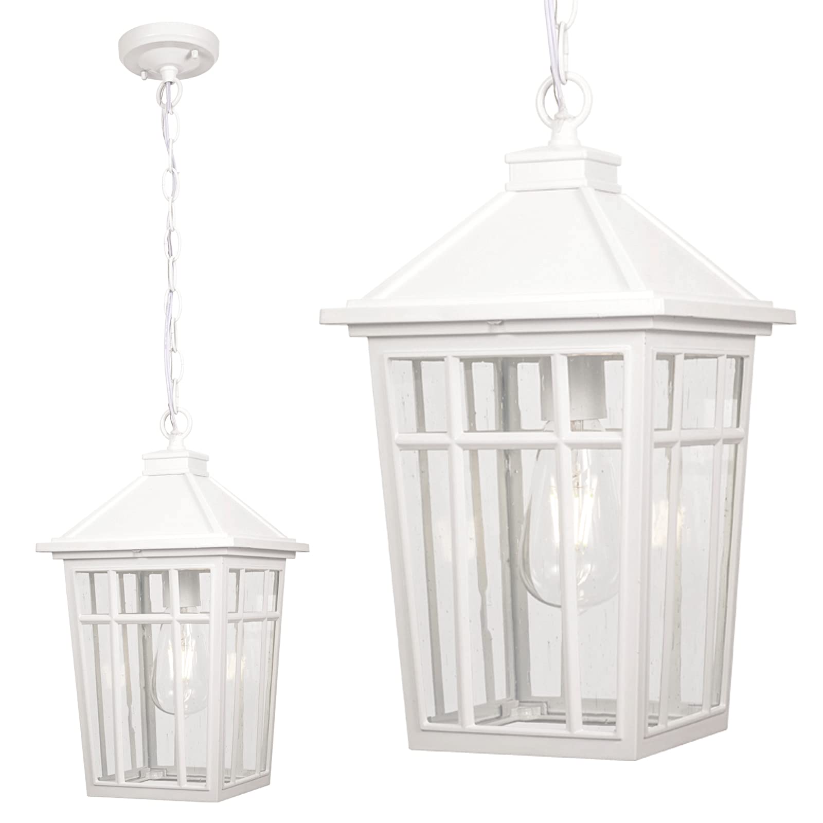 darkaway large outdoor pendant light fixture, outdoor hanging light porch lights fixtures anti-rust waterproof aluminum with seeded glass for entryway doorway farmhouse patio courtyard white