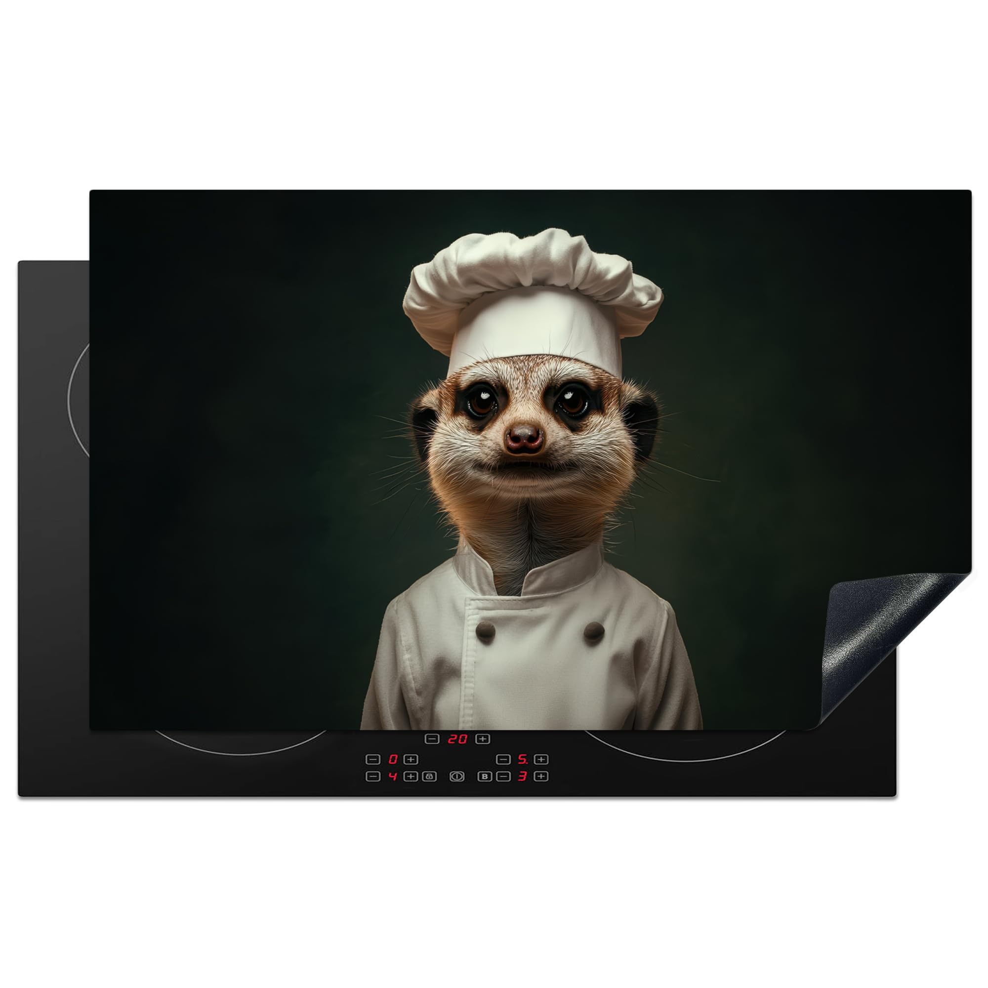 KitchenYeah© Induction Hob Cover Protector Mat 20.3"x32.7" / 83x51.5 cm Kitchen Universal Ceramic Covers for Electric Cookers Vinyl Animal - Chefs Hat - Meerkat