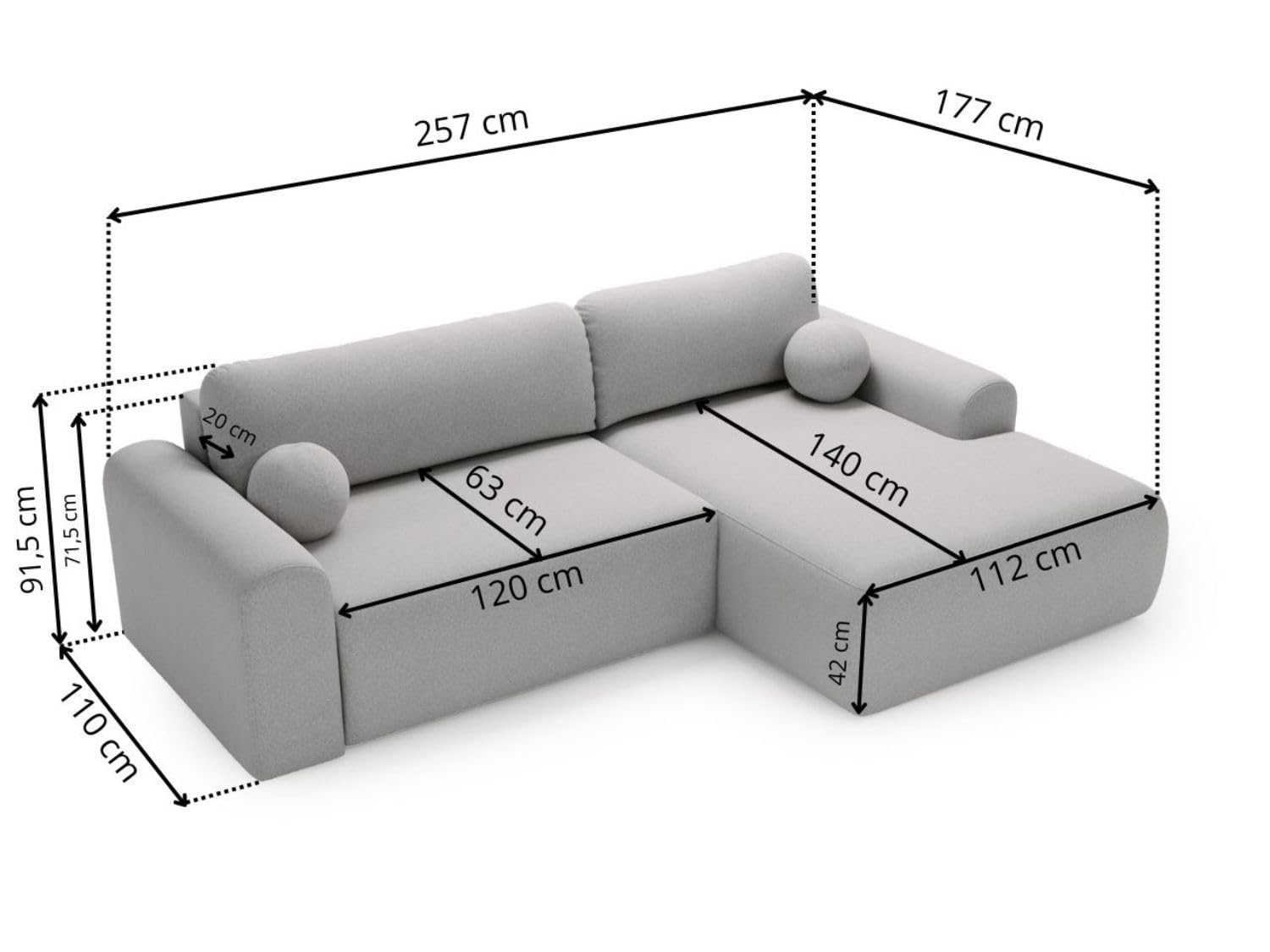 GRAINGOLD Savana L 257x177 cm, L-Form Sofa, Schlafcouch für Wohnzimmer, Bouclé-Stoff, 3-Sitzer Eckcouch, Ecksofa mit Bettkasten (Weiß, Rechts)