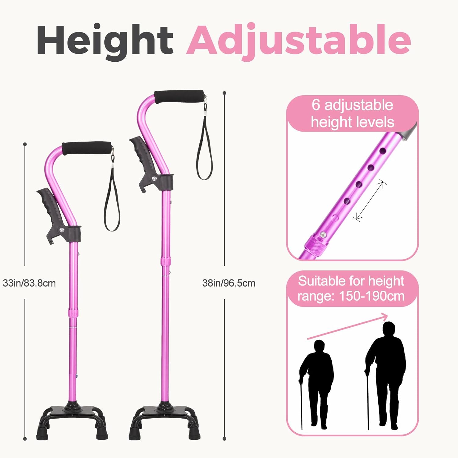 XIAOMING 6 Gear Adjustable Quad Cane，Quad Cane Portable Stick Men & Women and Seniors，for Balance, Knee Injuries, Leg Surgery Recovery & Mobility