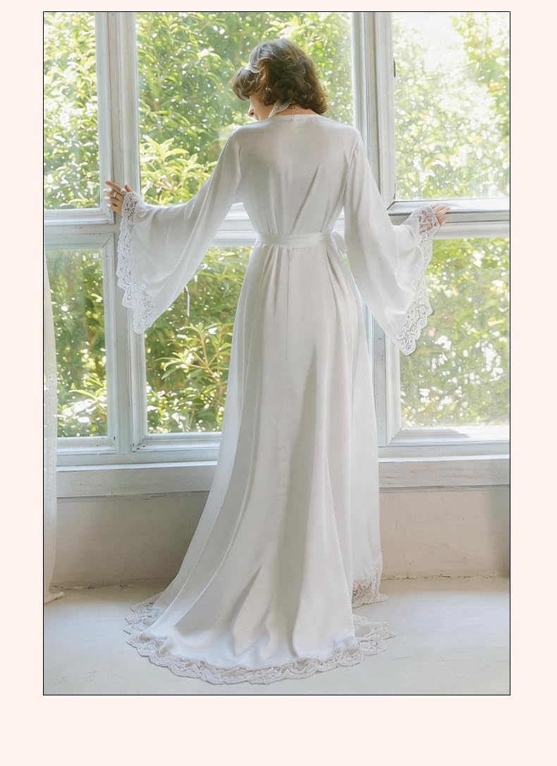 Nuisette Robe Longue De Style Cour pour Femme en Dentelle Décolleté en V Profond Fines Bretelles Traîne Et Manches Larges. Ensemble Nuisette.
