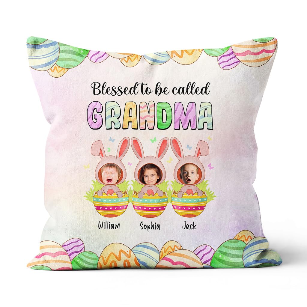 Grandma Gifts, Easter Blessed to Be Called Grandma Cute Kids Eggs Bunnies Ears, Personalized Square Pillow, Gifts for Grandma Nana from Grandkids, Sofa Couch Cushion, Gifts for Birthday