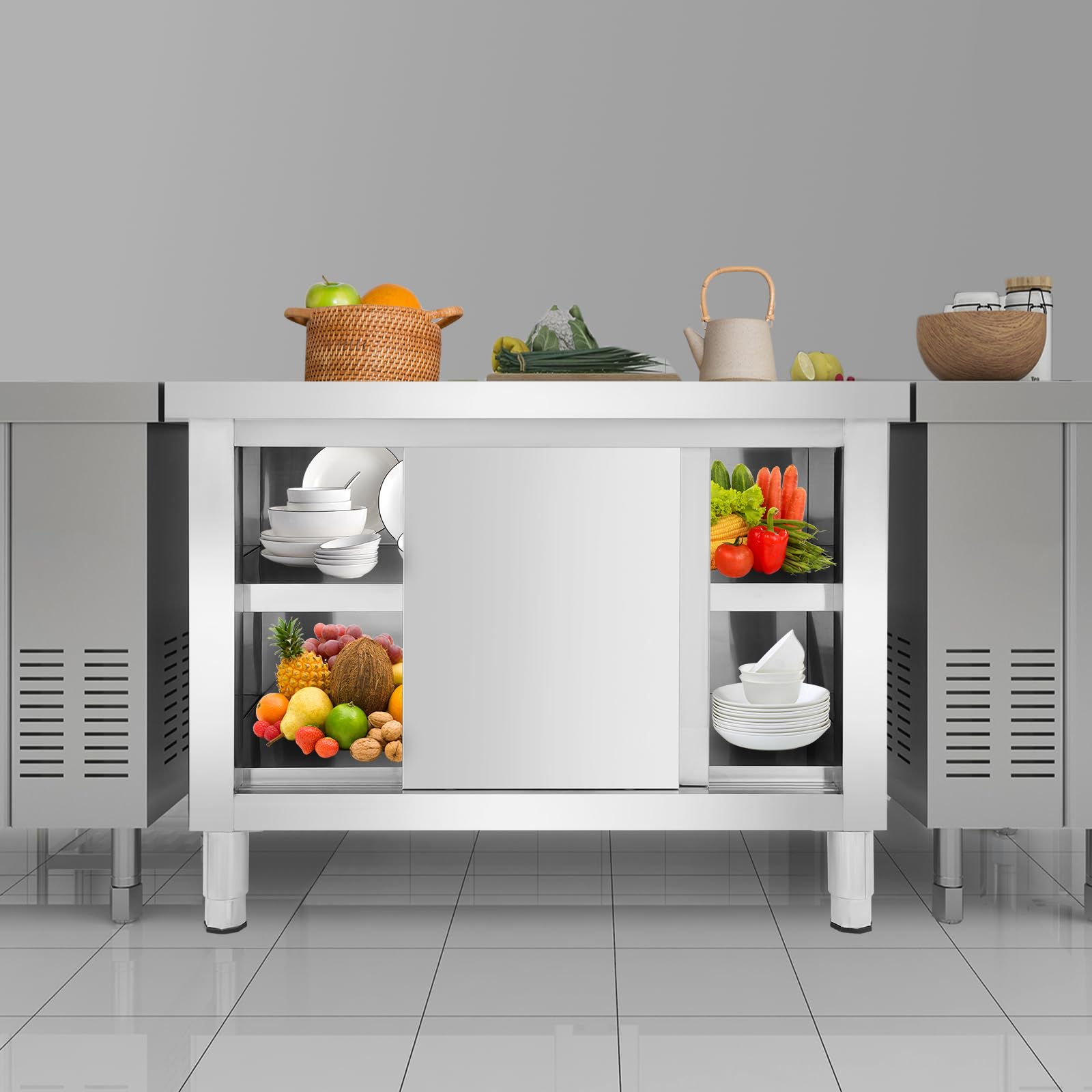 Edelstahl Schrank mit Schiebetüren, Outdoor Küche Edelstahl Tisch Gastro, Freistehender Arbeitsschrank Küchenarbeitstisch für Restaurant, Garage und Küche (100 * 60 * 80cm)