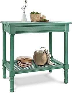 Urbanest Jamestown Side Table with Rattan Shelf, Teal