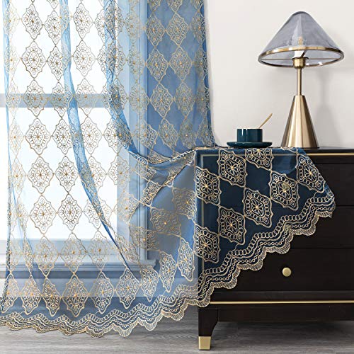 Jiyoyo Embroidered Lace Sheer Curtains for Living Room Bedroom,Rod Pocket Flower Voile Drapes/Panels, (Teal Blue with Silver Threading Embroidery, 50 by 84 Inch,1 Panel)