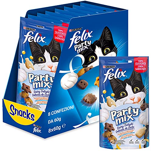 Felix party mix snack per gatti dairy delight con latte, yogurt e