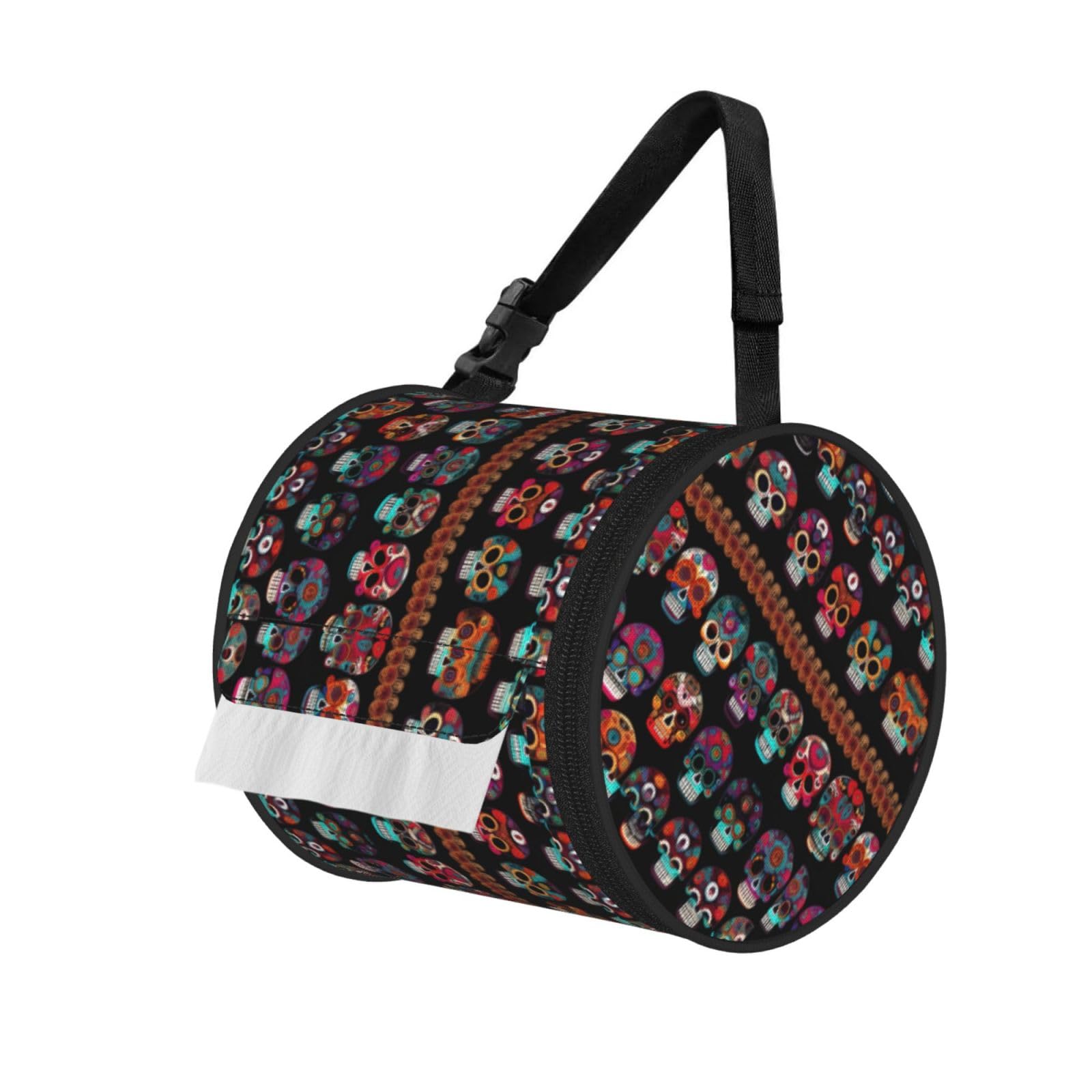 Jiuty Black Mexican Skull Print Print Cylinder Tissue Organizer Bag With Strap, Portable Toilet Roll Holder For Camping Car